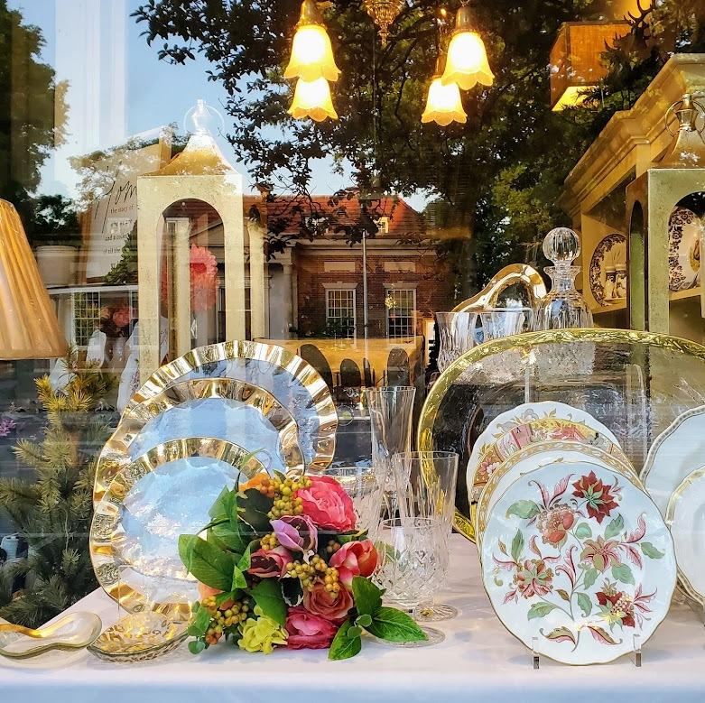 Our current front window display featuring Annieglass, Royal Crown Derby and Waterford Crystal. 